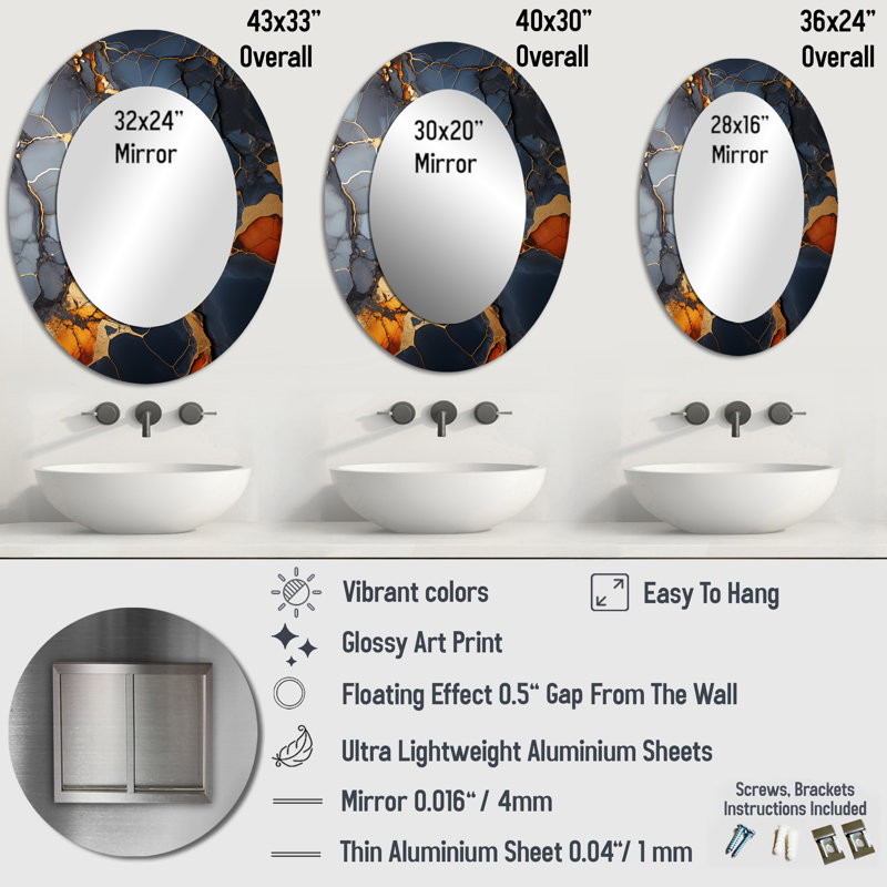 Grey And Gold Abstract Marble Granite IV - Modern Oval Wall Mirror, 36" H x 24" W