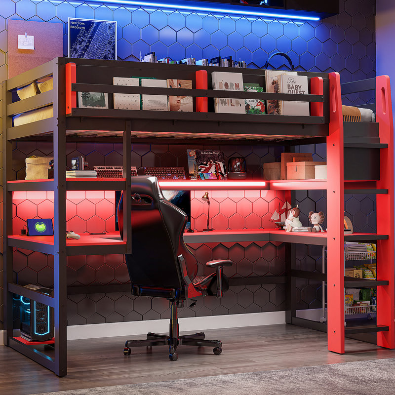 Full Size Wood Loft Bed With Desk,Side Storage Rack,Multi-Storage Shelves And RGB Light,Red, Twin, Red