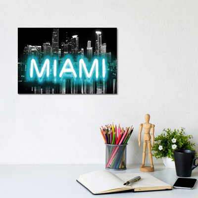 Neon Miami Aqua On Black by Hailey Carr - Wrapped Canvas Print