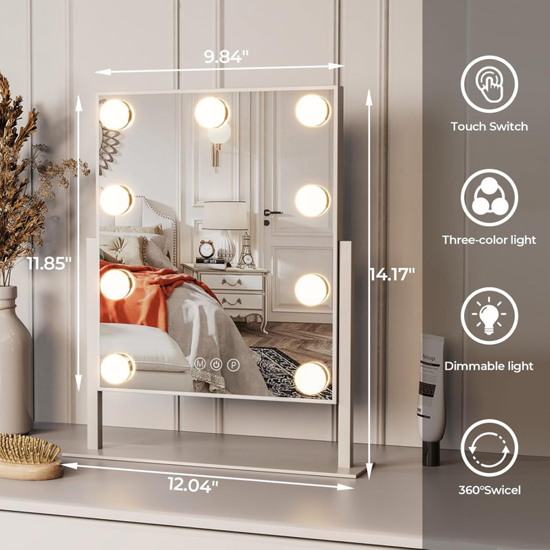 Miroir de salle de bain avec lumières et grossissement 10X, miroir de maquillage avec commande tactile, éclairage DEL à intensité variable 3 couleurs, rotation à 360 °, cadre en aluminium robuste