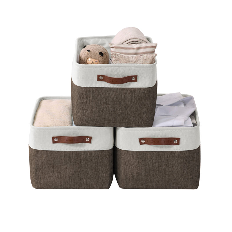 Foldable Fabric Storage Bin, Brown/White, 3