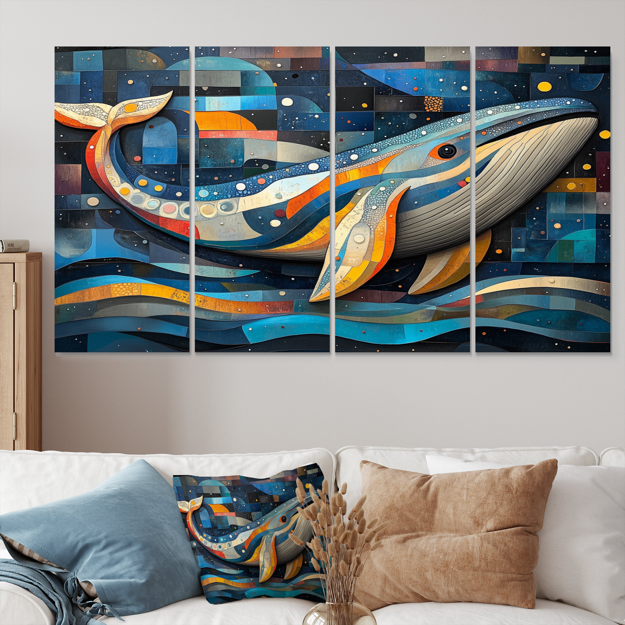 Inuit Whale Canvas Wall Art Set in Blue and Yellow - Beachcrest Home , 28\, image size:2000x2000