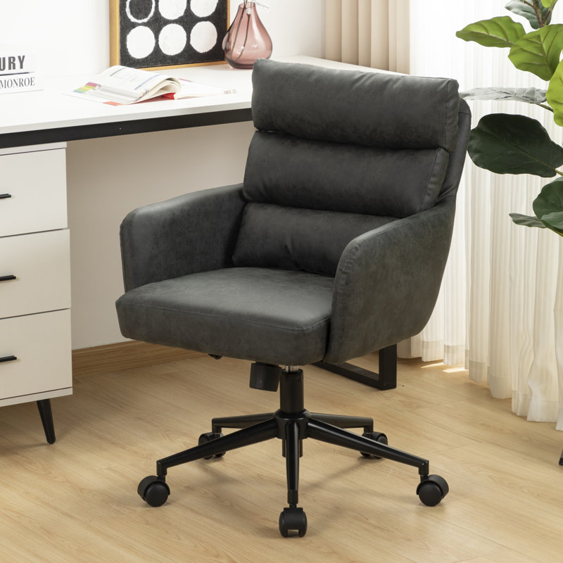 Faux Leather Swivel Office Chair with High Back Dual Cushion Backrest, Black