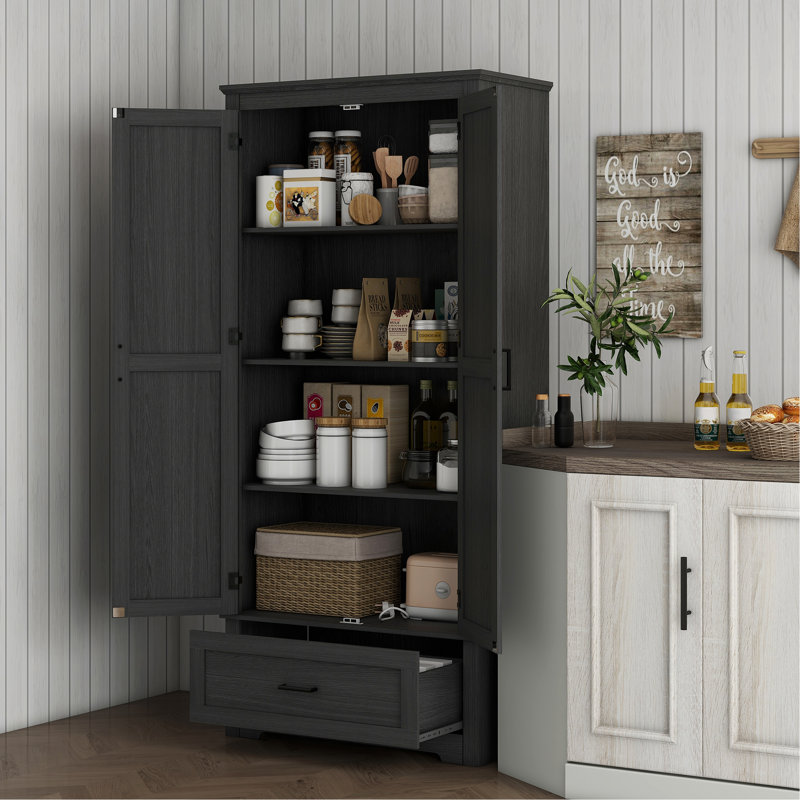 Armoire de rangement de 69 po de hauteur avec garde-manger autoportant Farmhouse avec 2 portes, tiroir et tablettes réglables pour la salle à manger, noir
