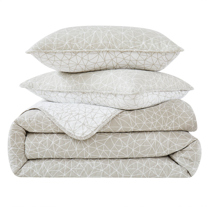 Taupe Geometric Microfiber Full/Queen Reversible Quilt Set