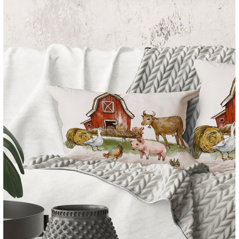 Rectangle, ferme avec cochon de vache oie et botte de foin - coussin décoratif à imprimé rustique