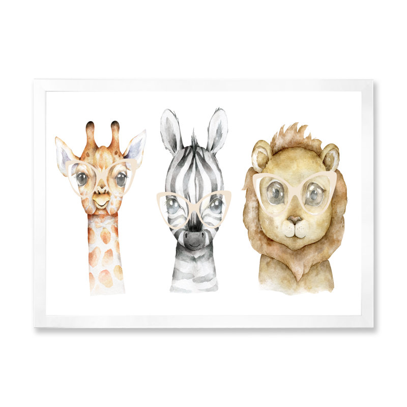 Dessin de girafe et de lion - reproduction sur toile, H 30 po x l 40 po x P 1,5 po, Impression blanche sur toile encadrée