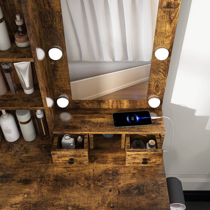 Table de coiffeuse avec miroir et lumières DEL réglables, prise de courant, support pour séchoir à cheveux et tabouret - coiffeuse compacte pour petites chambres