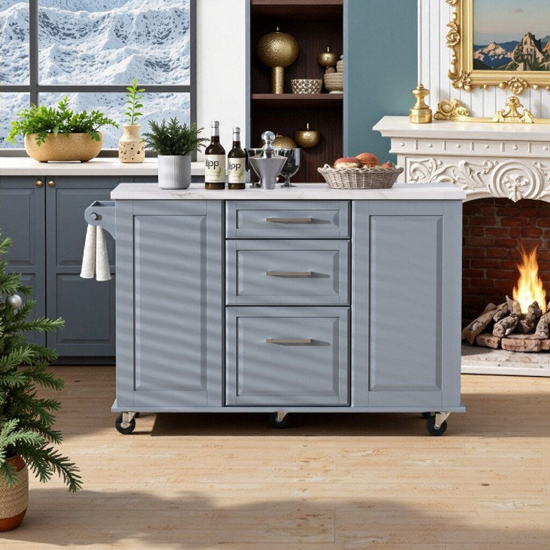 Îlot de cuisine mobile 50,7 po avec armoire à ordures dissimulée avec abattant et 5 roulettes