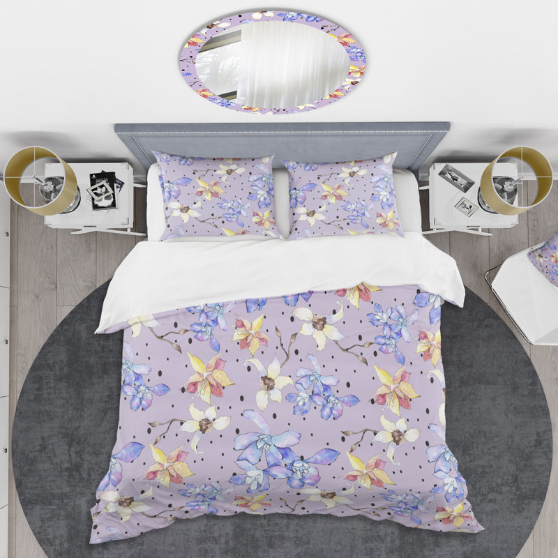 Ensemble de housse de couette à style mid-century floral botanique, Housse de couette très grand + 2 taies décoratives