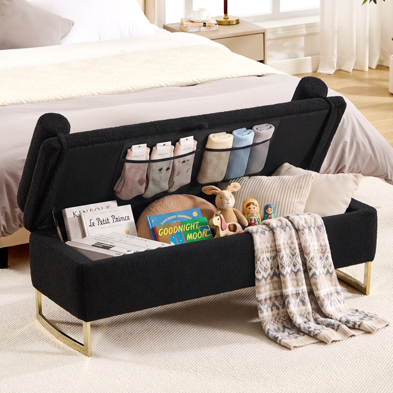 Banc de rangement en molleton Teddy avec pieds dorés, Noir