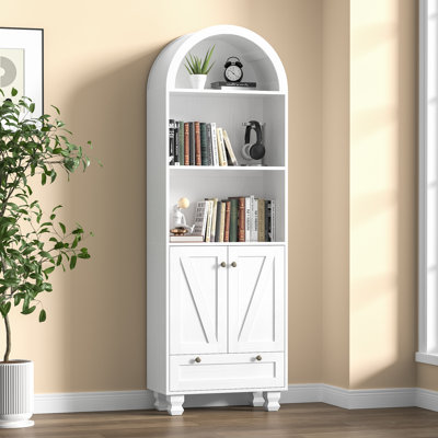 6-tier 71" Tall Arched Storage Bookcase With Cabinets And Drawer