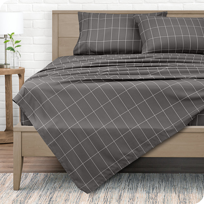 California King Grey and White Grid Pattern Microfiber Sheet Set