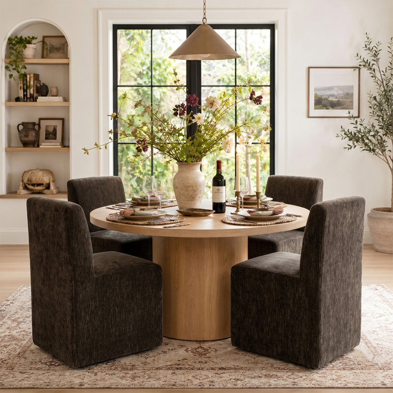 Chaise rembourrée en chenille avec roulettes cachées, Brun