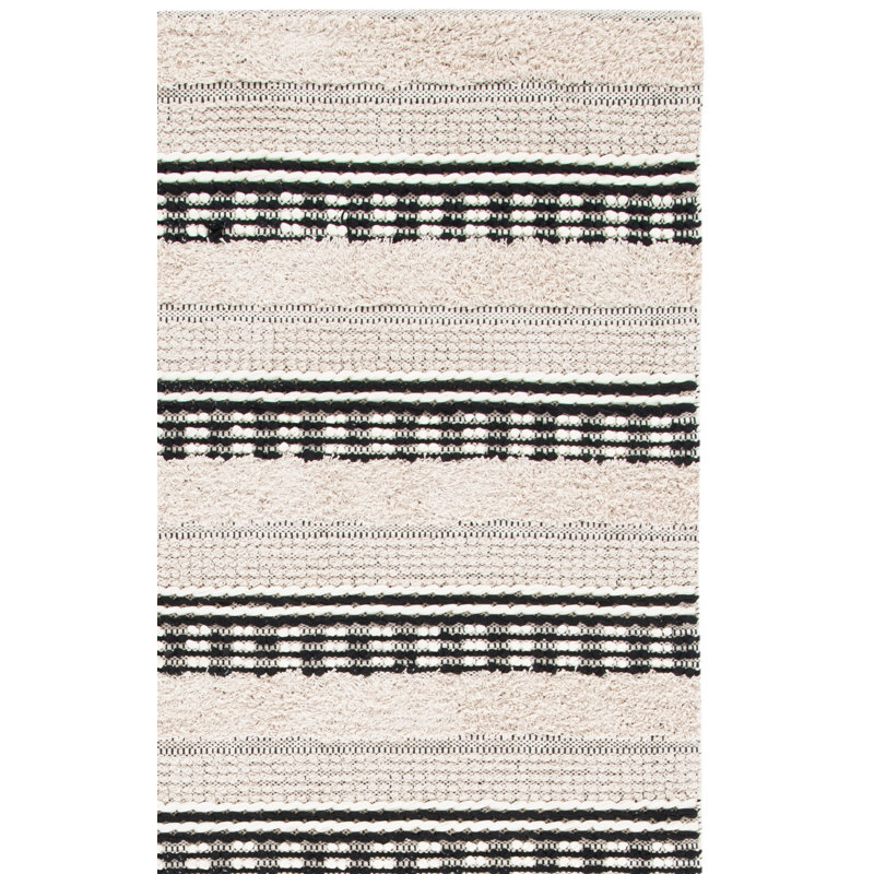 Alva Striped Handwoven Cotton Area Rug in Beige/Black, Square 6'