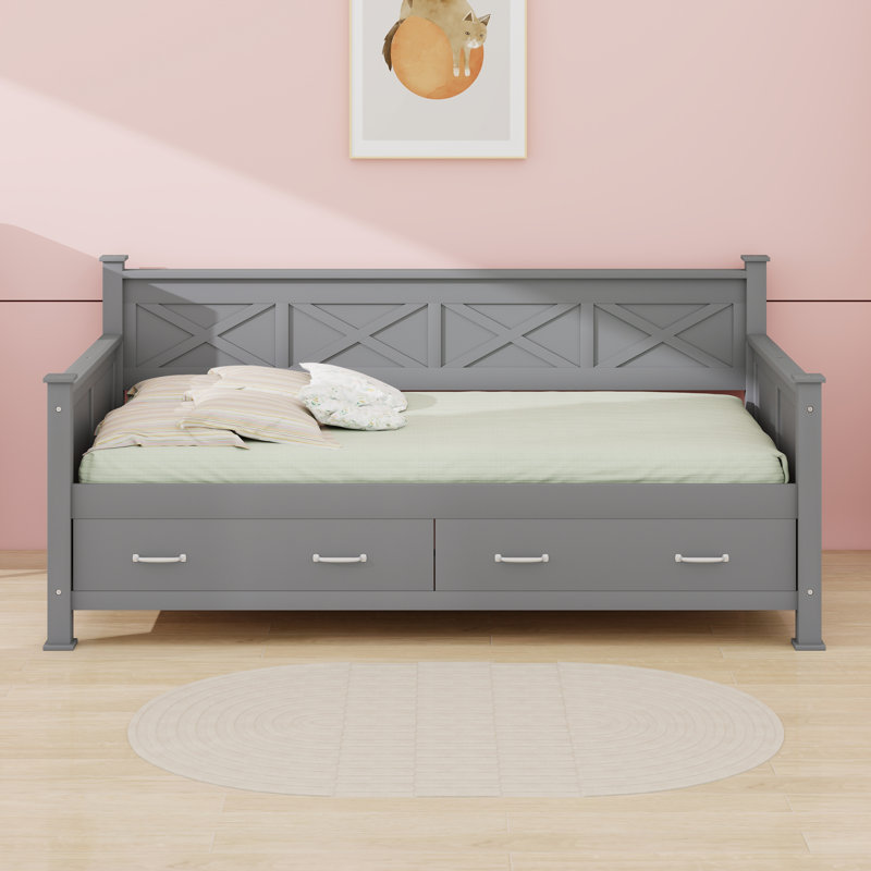 Lit de jour simple en bois moderne et rustique de style décontracté avec tiroirs, Gris