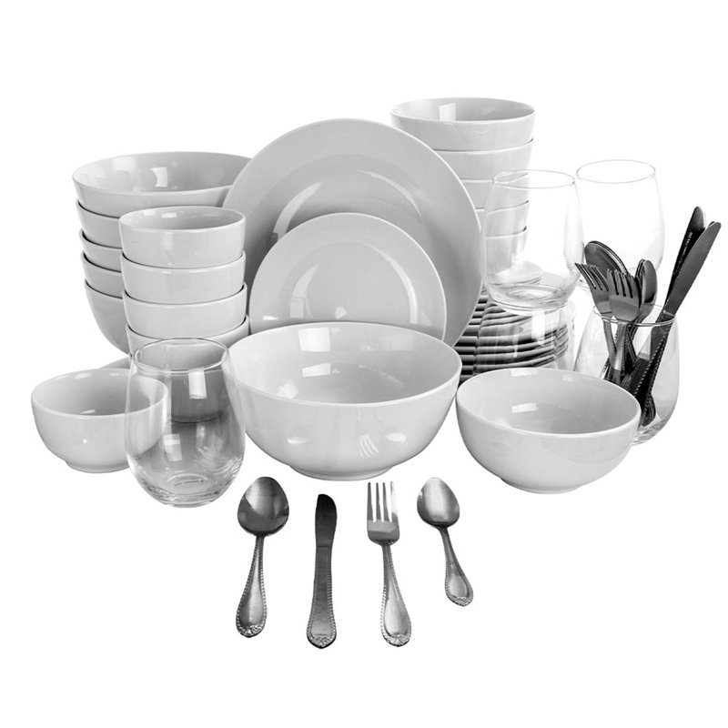 All U Need 60-Piece White Ceramic Dinnerware Set with Silver Flatware