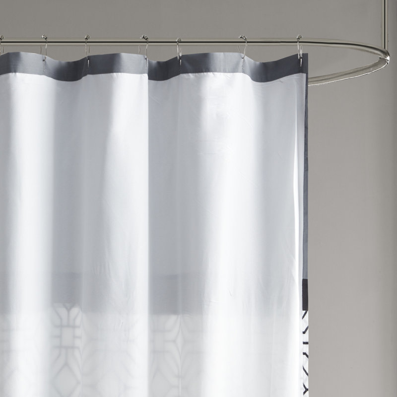 Black and Gray Geometric Embroidered Fabric Shower Curtain with Liner