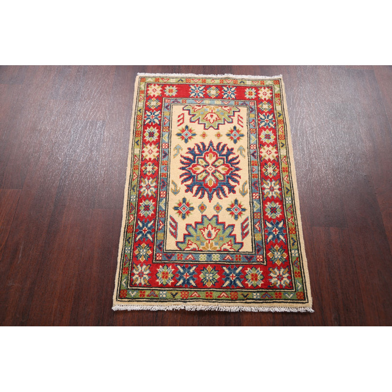 Tapis décoratif en laine rouge/beige 2 pi x 3 pi 1 po one-of-a-kind noué à la main kazak