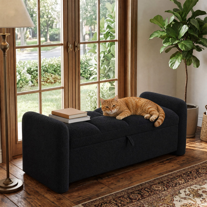 Banc de rangement avec coussins épais Teddy, Teddy noir