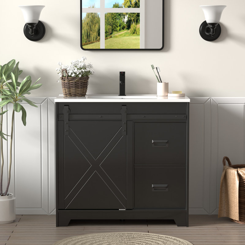 36" Modern Farmhouse Bathroom Vanity With Anti-Shock Sink Top, Faucet, Hand Paint,  EPA Certified, Black