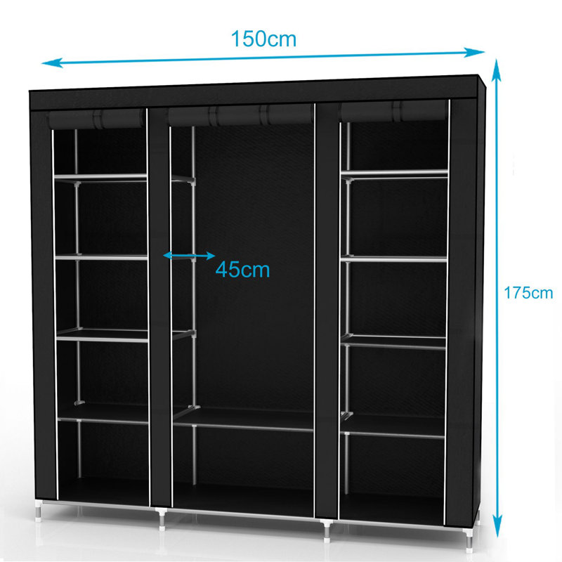 Rezendes Fabric Wardrobe 150x175x45 cm Lockable Folding Canvas Portable Closet, Black