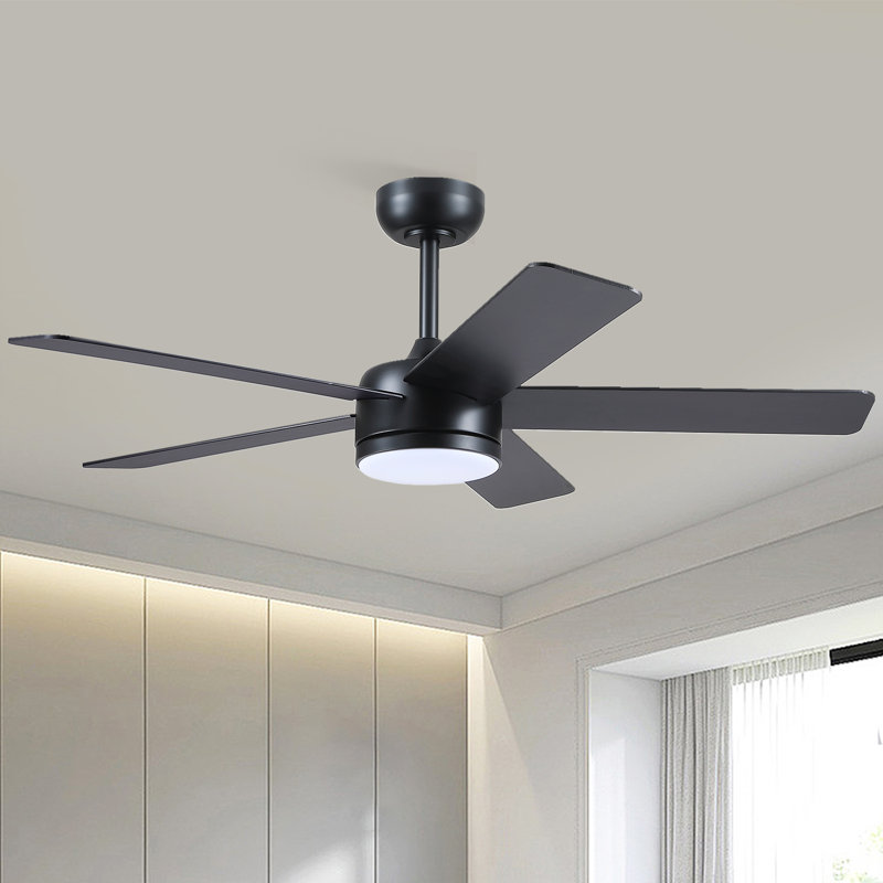  46" 5-blade Black Modern Ceiling Fan With Lights And Remote Control, Black