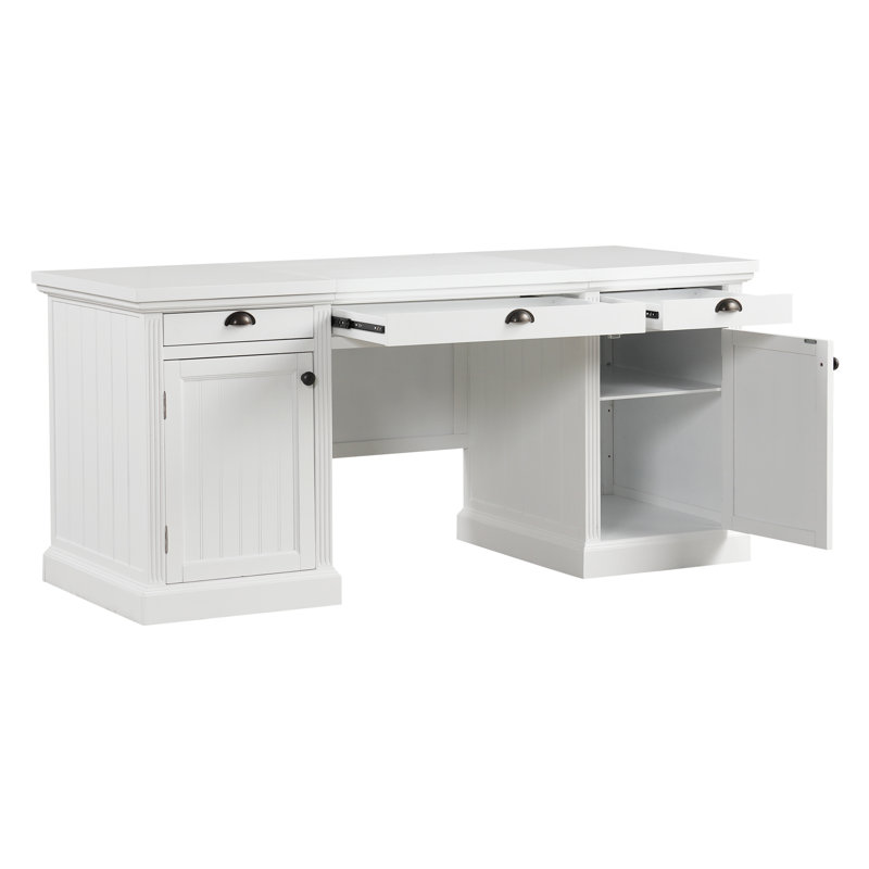 Bureau moderne blanc de 67 po. 2 armoires de rangement, 3 tiroirs. Rectangle pour bureau personnel, salon, bureau. Surface de travail spacieuse. Bois massif Tablettes réglables silencieuses. Étude élégante avec armoires