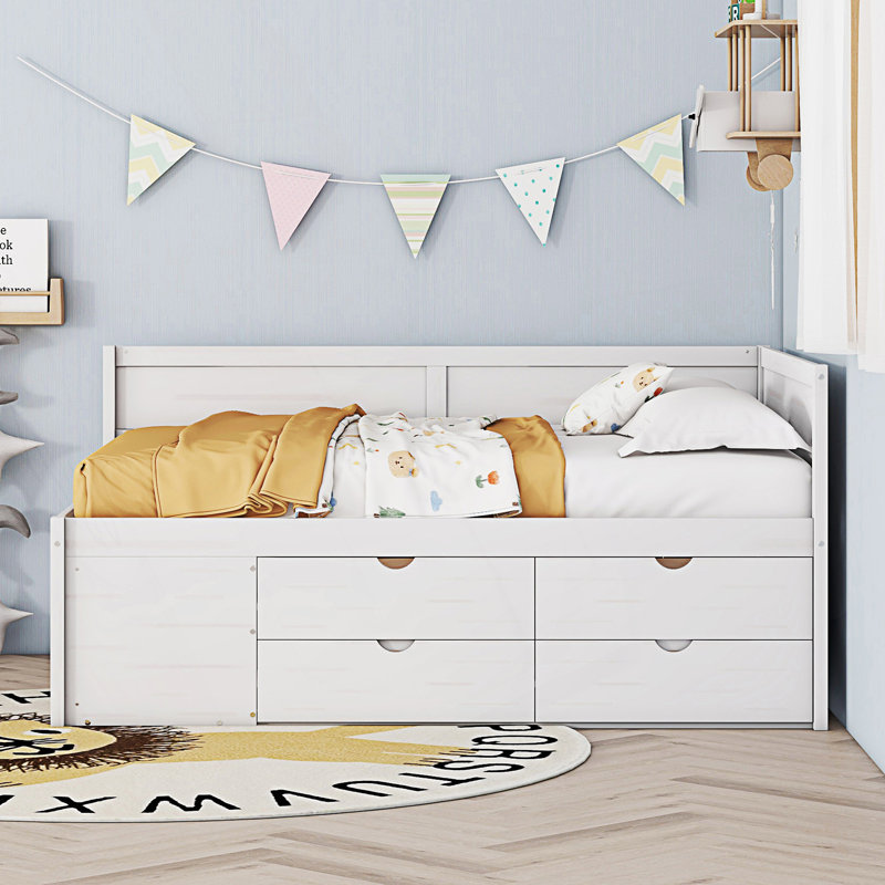 Lit de jour moderne avec tiroirs et tablettes, Blanc
