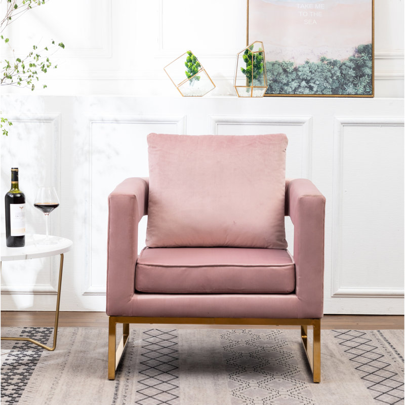 Chaise moderne rembourrée en velours rose avec des carrés découpés et un support stable rose, métal, Rose