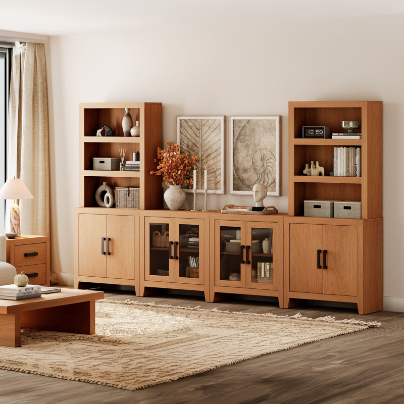 Entertainment Center With Bookshelves, 4-Piece Modular TV Stand With Storage Towers, Farmhouse Media Console With Glass Doors For Living Room, Bedroom, Mocha