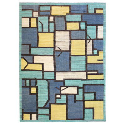 Tapis vert en laine noué à la main de conception unique 8 pi 9 po x 12 pi New Age