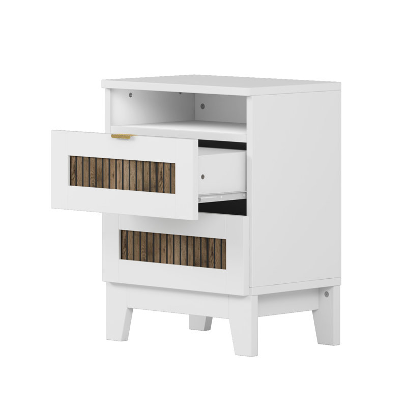 2 Table de chevet avec charme, poignée en métal et bande de bois blanche pour la chambre à coucher
