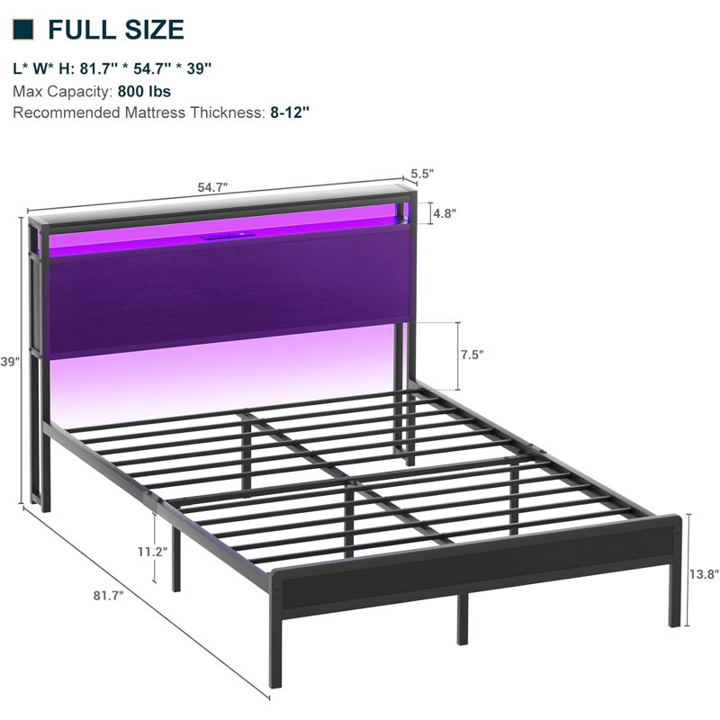 Jaquaya Storage Bed with Headboard, LED Lights and Charging Station, Full / Double, Black
