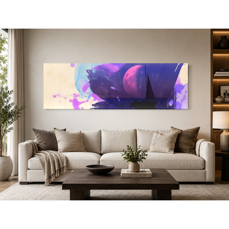 Voilier sous la lune mauve - art mural sur toile panoramique, 30" W x 10" H