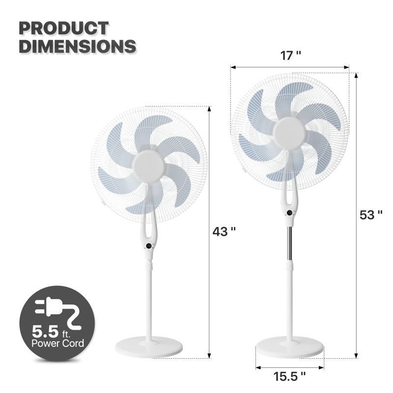 17" Adjustable Oscillating Pedestal Fan with 3 Speeds, Standing Cooling Fan w/ Remote, Stand Up Fan, White