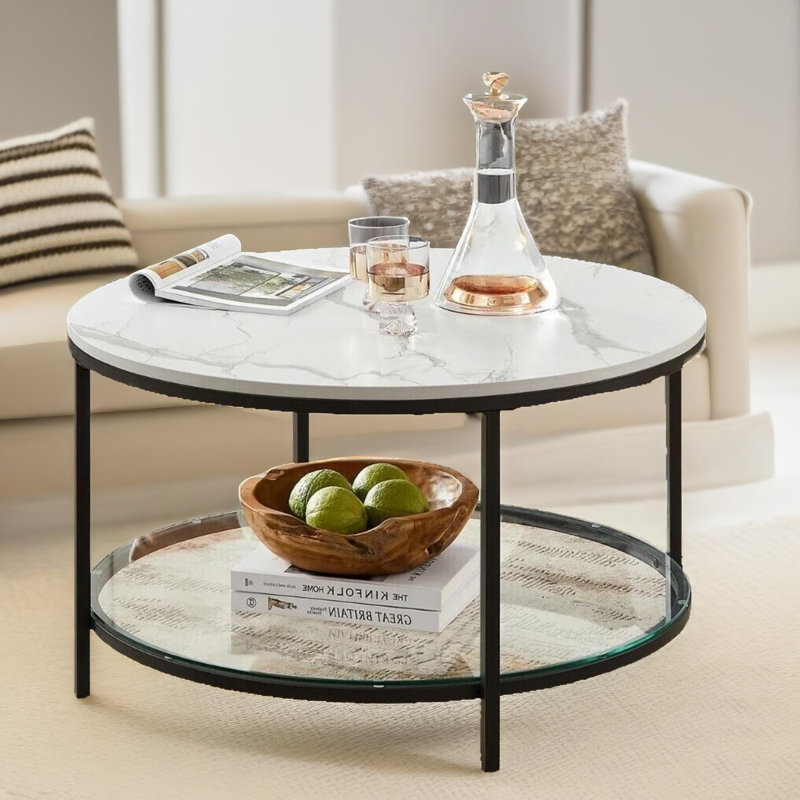 Metal Frame 2 Tier Marble Coffee Table with Storage, Living Room Furniture