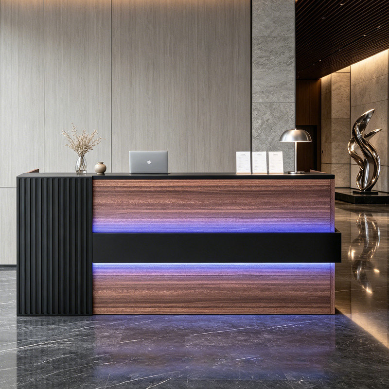 Modern 76" LED Reception Desk with Storage Drawers, Black & Walnut Finished Wood Front Desk for Office Salon