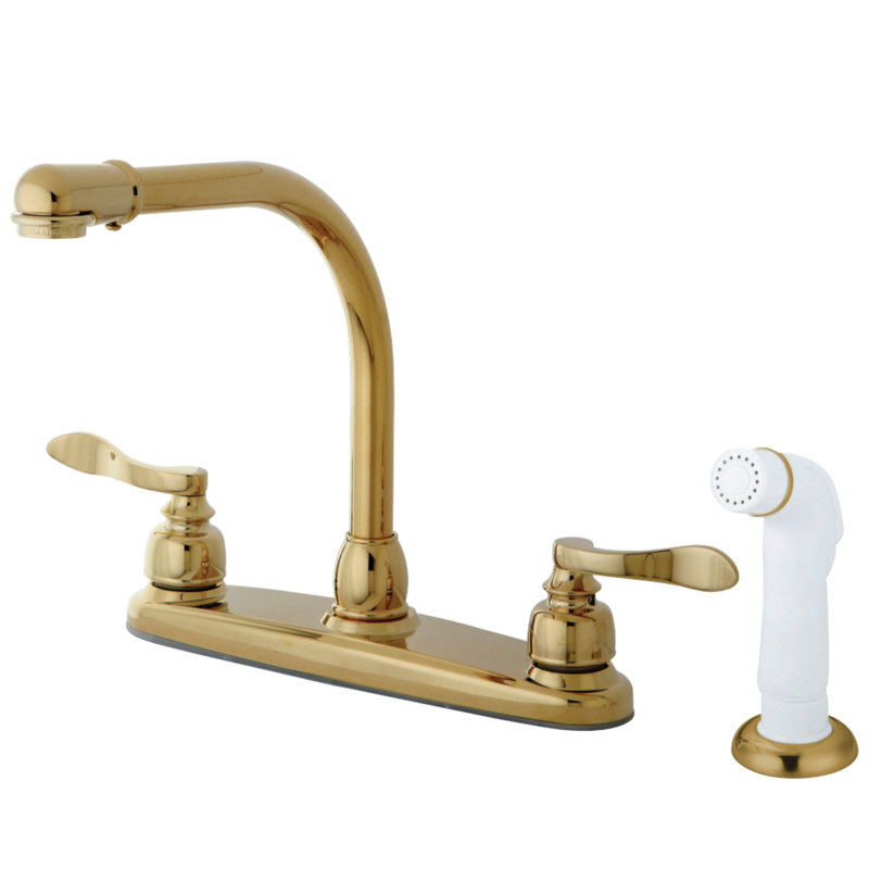 Robinet de cuisine central à 4 poignées et 4 trous 8 po avec douchette latérale Kingston Brass NuWave, Laiton poli, Plastique