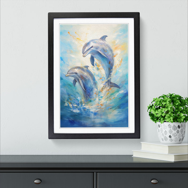 Dolphin Impressionism No.2 - Single Picture Frame Print on Wood, 64" H x 46" W x 2" D, Black