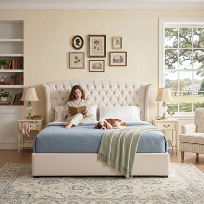 Structure de lit à oreilles capitonnée en velours 57 po avec tiroirs de rangement très grand, 57 po, sans sommier tapissier, beige