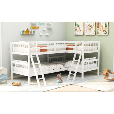White L-Shaped Twin Bunk Bed, Made With Strong Solid Wood Size Bed In White. Of For Longevity. Versatile Installation Options. And Frame. Safe Sleeping Guardrails. No Box Spring Required. 118"L X80"W