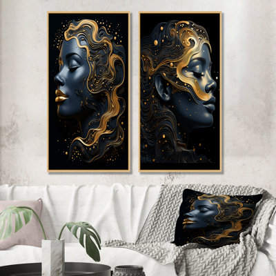 Gold And Black Celestical Woman Portrait IV - Woman Wall Art Prints Set Of 2