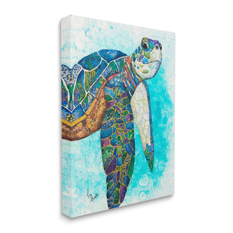 Tortue de mer audacieuse, motifs de collage de galets par Lisa Morales - Peinture, H 30 po x l 24 po x P 1,5 po, Toile tendue
