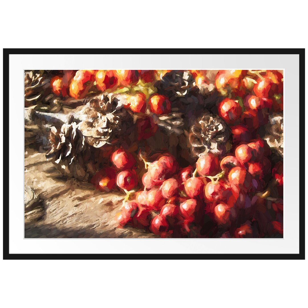 Gerahmtes Poster Vogelbeeren und Tannenzapfen