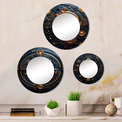 Ancient Compass Geometric In Gold And Blue Metal Round Mirror