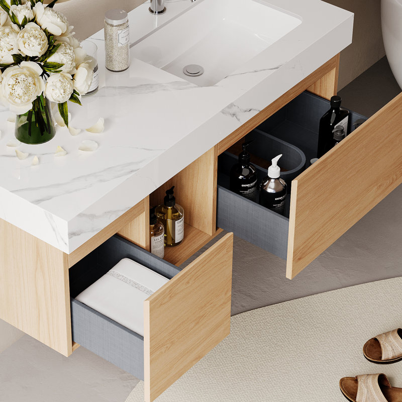 Loubertha 48'' Single Bathroom Vanity with White Top, Multi-layer Solid Wood, Two Drawers and Open Shelf, Natural / White