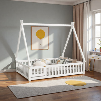 Tent-Shaped Floor Bed,Teepee Bed With Guardrails,Slats