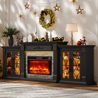 Meuble télé avec foyer Delville de 104 po, centre de divertissement avec éclairage à DEL et armoires de sortie et de rangement, grande console multimédia avec foyer électrique de 30 po, noir