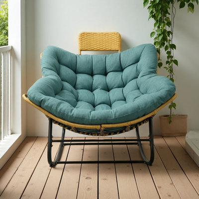 39.37"Papasan Rocking Chair Outdoor, Oversized Patio Egg Chair with Thick Cushion,Outdoor Rocking Chair With Handwoven Rattan Head Pillow,Indoor Wicker Lounge Rocker Bed for Balcony, Porch, Green